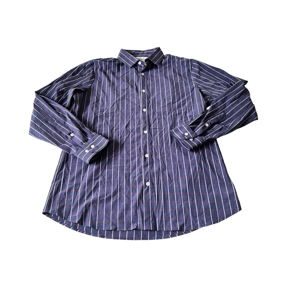 Mizzen+Main Leeward Navy Blue Striped Performance Dress Shirt Mens XL Trim Fit